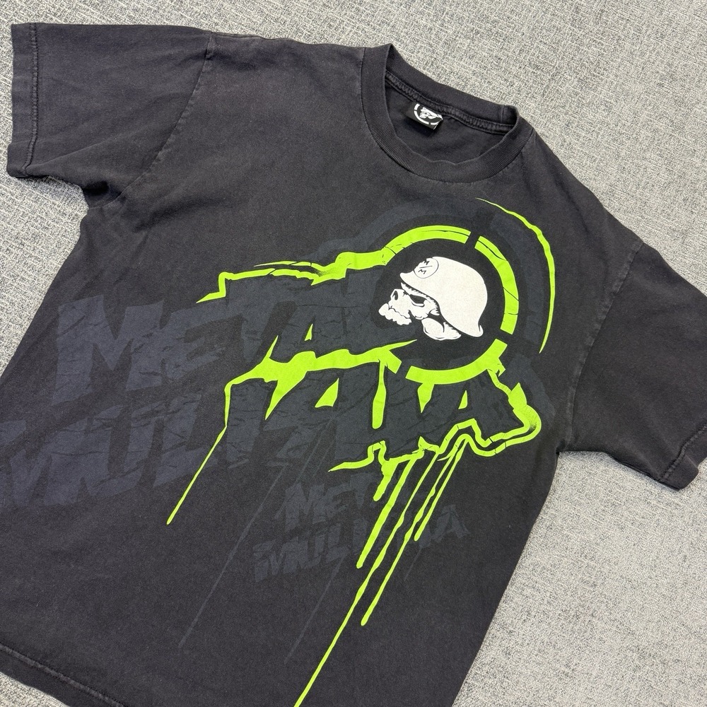 Vtg Y2K Metal Mulisha T-Shirt Men's Large Black Green‎ Grunge Skull Helmet